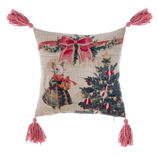 Cuscino ricamato con nappe Favola di Natale