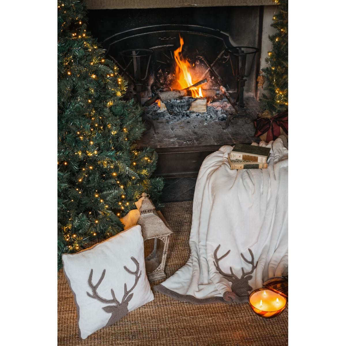 Set plaid sherpa + cuscino con renna