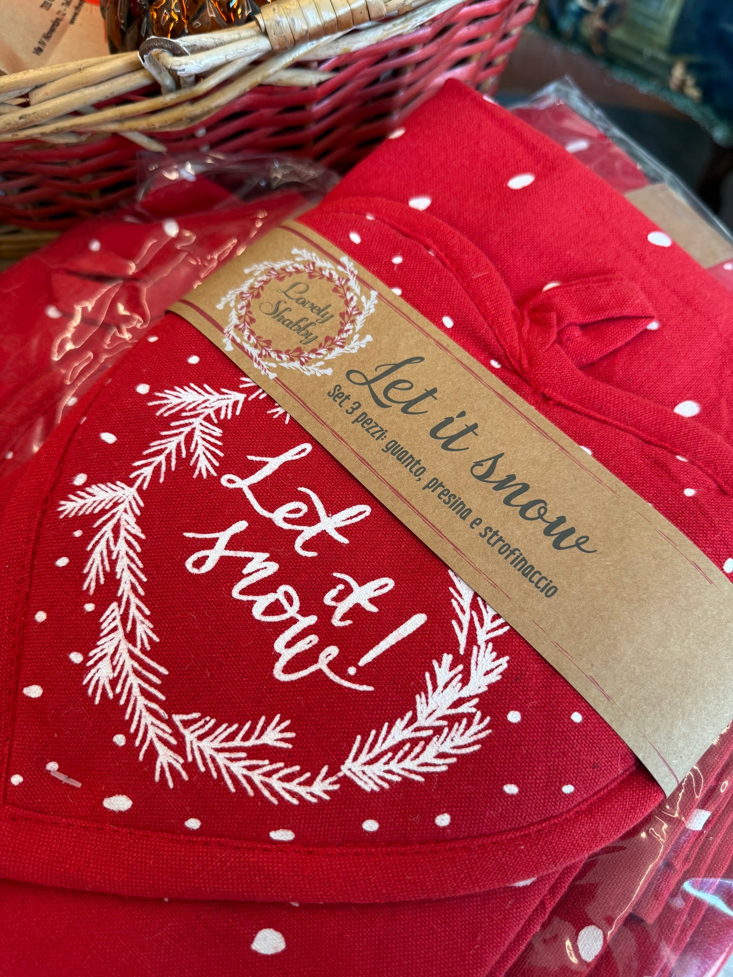Set guanto, presina e strofinaccio “Let It Snow”